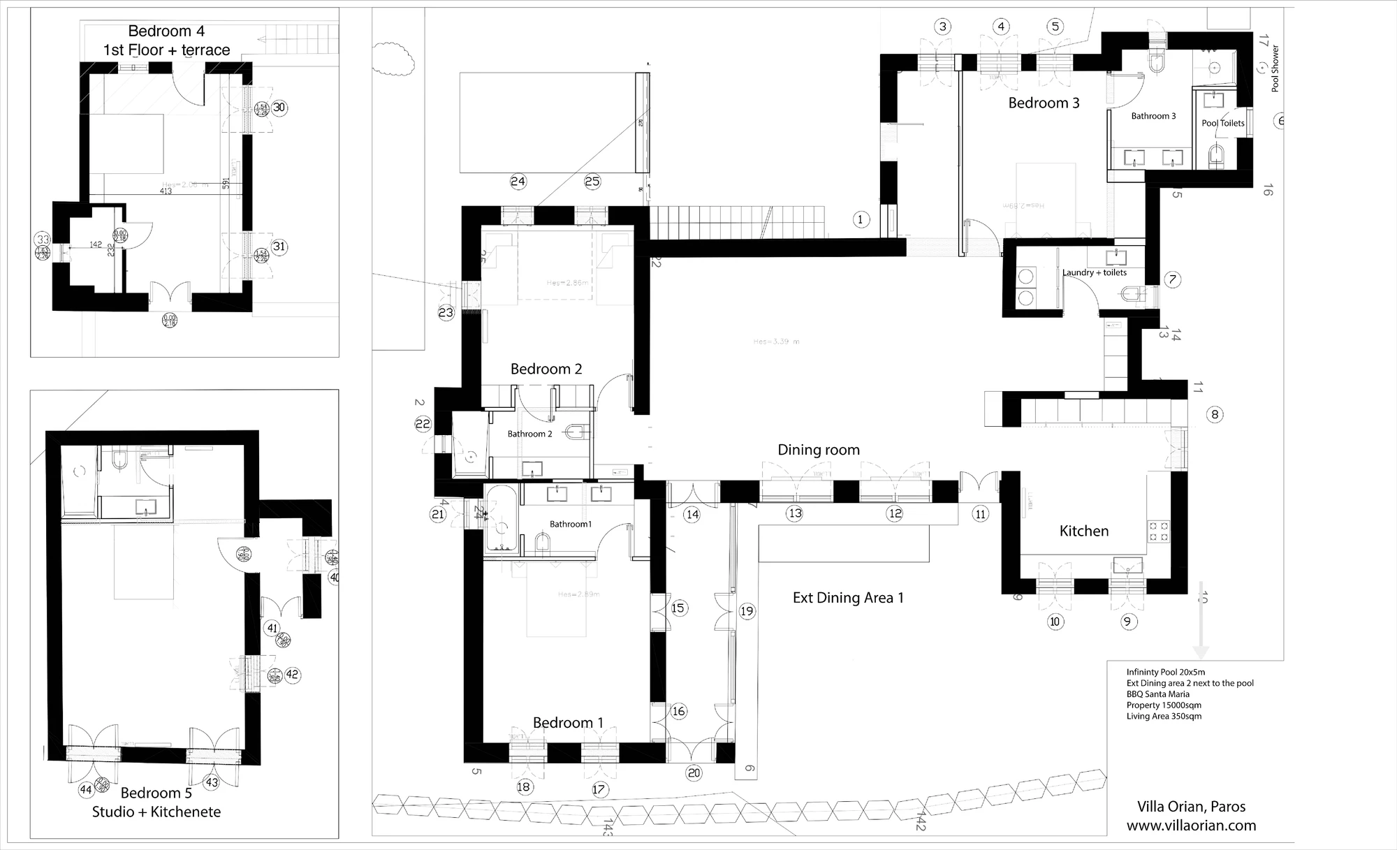 Floor plan of Villa Orian: five bedrooms, kitchen, dining room, and outdoor dining area around the infinity pool