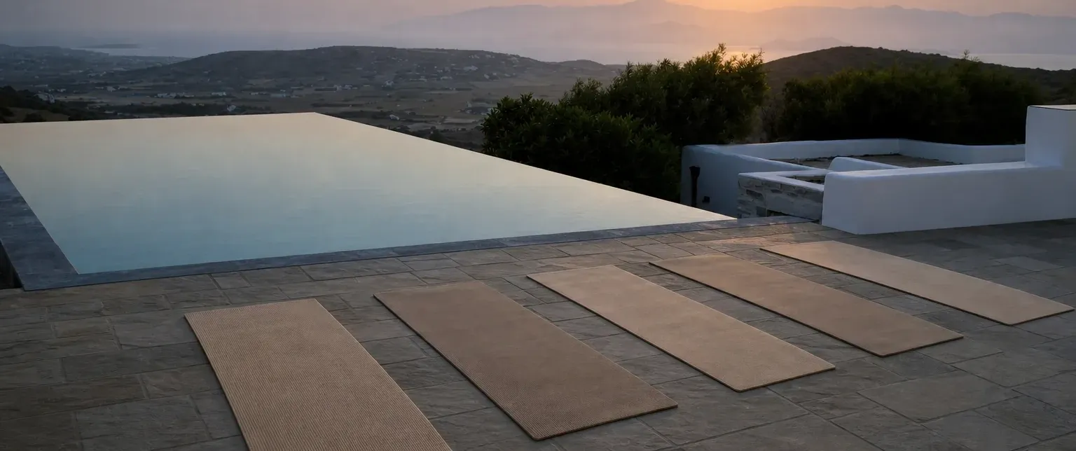 Yoga mats laid out on the terrace facing the Aegean at Villa Orian
